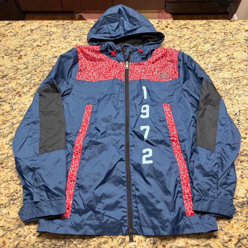 Ecko Unltd Mens Windbreaker Jacket Navy Blue Red Giraffe Print Hooded S 1972 ws
